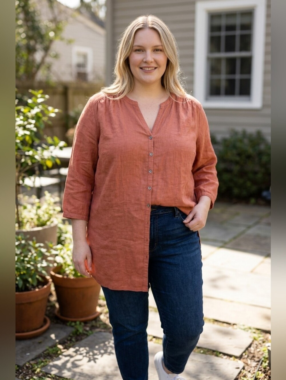 Pure Jill Plus-Size Button-Front Tunic Shirt in Rust